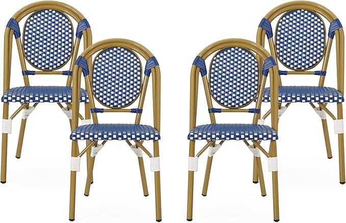 Christopher Knight Home Gwendolyn Outdoor French Bistro Chairs (Set of 4), Blue + White + Bamboo Print Finish - Photo 1