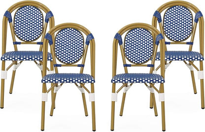 Christopher Knight Home Gwendolyn Outdoor French Bistro Chairs (Set of 4), Blue + White + Bamboo Print Finish