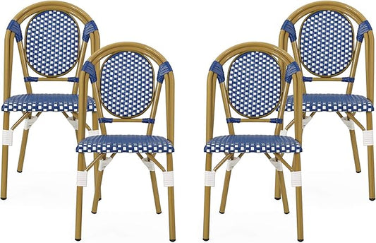 Christopher Knight Home Gwendolyn Outdoor French Bistro Chairs (Set of 4), Blue + White + Bamboo Print Finish