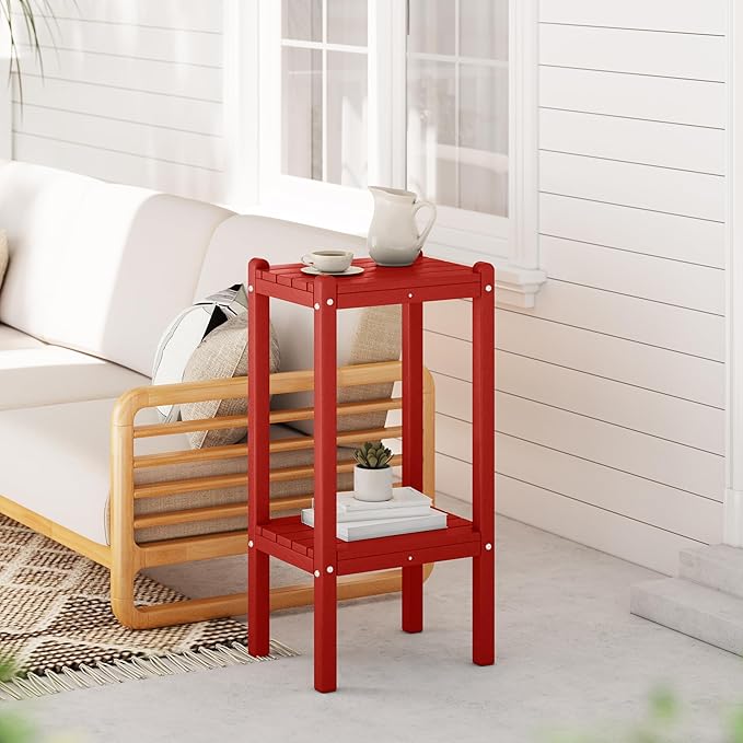 WestinTrends Malibu 36" Outdoor Adirondack HDPE 2-Tier Patio Side Table, Red