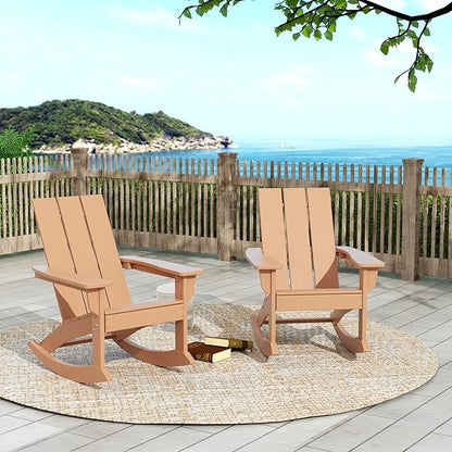 WO WESTIN OUTDOOR HDPE Shoreside Modern Rocking Poly Adirondack Chair (Set of 2),Teak
