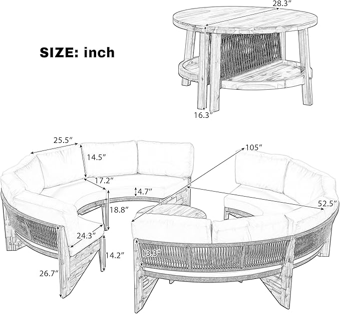 Quarte Outdoor Acacia Wood Round Sofa Set, Half-Moon Sectional Sets with Coffee Table, 6-Person Seating Group for Garden - Photo 3