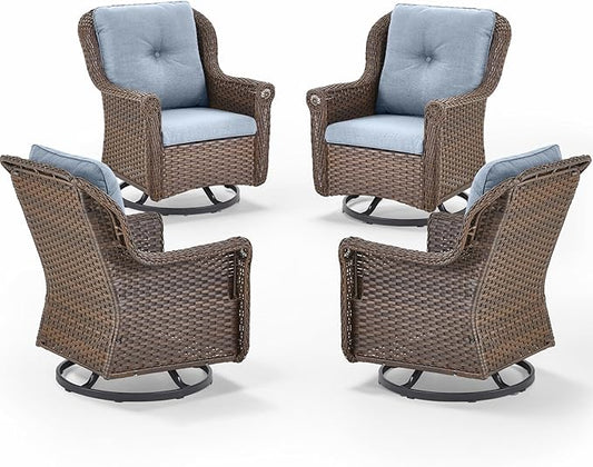 Patio Chairs Outdoor Swivel Glider - Set of 4 High Back Outside Brown Wicker Rattan Rocking Chair with Thick Cushion for Porch Apartment Deck Yard Poolside Garden - Baby Blue
