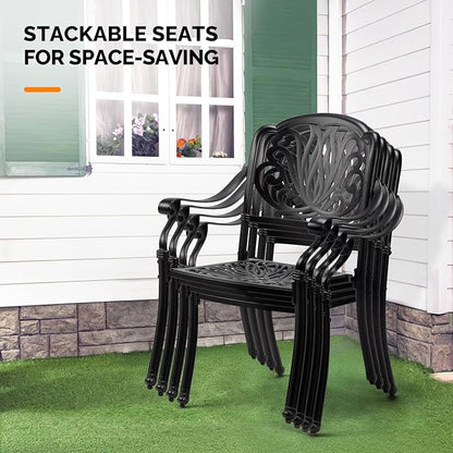VINGLI Patio Chairs Set of 2 - Stackable Outdoor Cast Aluminum Dining Chairs with Vintage Black Finish and Floral Pattern, Metal Armchairs for Poolside, Backyard, Balcony (with Cushion)