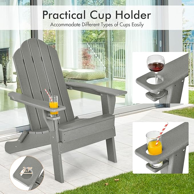 Giantex Adirondack Chair Outdoor Folding Chairs, HDPE Weather Resistant Patio Chair with Built-in Cup Holder Lawn Chair for Patio, Backyard, Balcony, Deck Outside Plastic Fire Pit Chair(1, Grey)