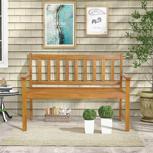 RELAX4LIFE Outdoor Bench Acacia Wood - 2-Person Garden Bench w/800 Lbs Weight Capacity, Slatted Wooden Loveseat w/Backrest & Armrests, Patio Park Chair for Front Porch Poolside Park Backyard (48'')