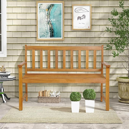 Tangkula Outdoor Acacia Wood Bench, 2-Person Garden Bench with Backrest and Armrests, Garden Bench with Slatted Seat for Porch, Park, Backyard, 800 Lbs Max Load, 48” L x 22” W x 34” H, Natural