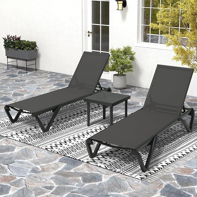 Domi Pool Lounge Chairs Set of 2 with Side Table, Aluminum Adjustable Outdoor Chaise Lounge with Wheels - Photo 1