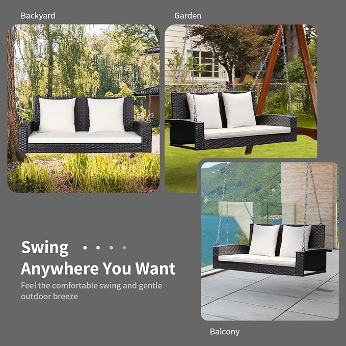 RELAX4LIFE Porch Swing 2-Seat Patio Rattan, Wicker Porch Swings Outdoor W/Two 7.9 Ft Solid Steel Chain - Photo 9