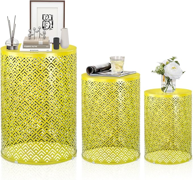 Outvita Outdoor Nesting Tables Set of 3, Heavy Duty Metal Frame Accent Modern End Table, Portable Side Table for Indoor, Outdoor, Living Room, Meander Pattern - Yellow