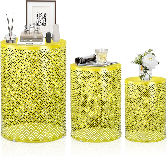 Outvita Outdoor Nesting Tables Set of 3, Heavy Duty Metal Frame Accent Modern End Table, Portable Side Table for Indoor, Outdoor, Living Room, Meander Pattern - Yellow