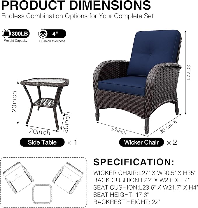 Joyside Wicker Patio Chairs, 3 Piece Rattan Outdoor Furniture with Thickened Cushions, High Back, Deep Seating - Photo 2