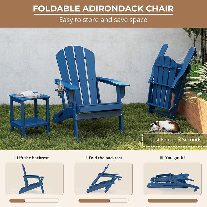 BRIOPAWS Folding-Adirondack-Chairs Set of 6 | HDPE Plastic | Fire Pit Chair | Cup Holder | Curved Back | All Weather | for Outdoor Backyard Deck Patio | Blue