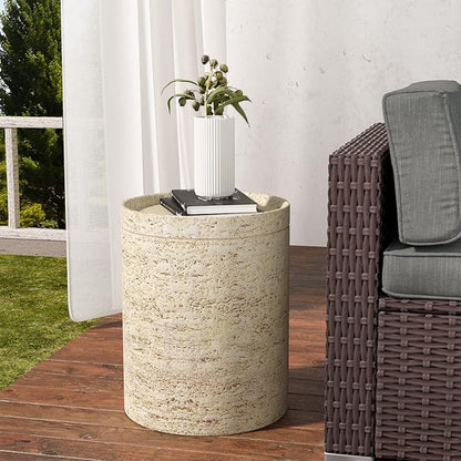 SUNBURY Outdoor Side Tables for Patio, Small Concrete Accent End Table, Stone Round Modern Coffee Furniture, Milky Cement Side Table