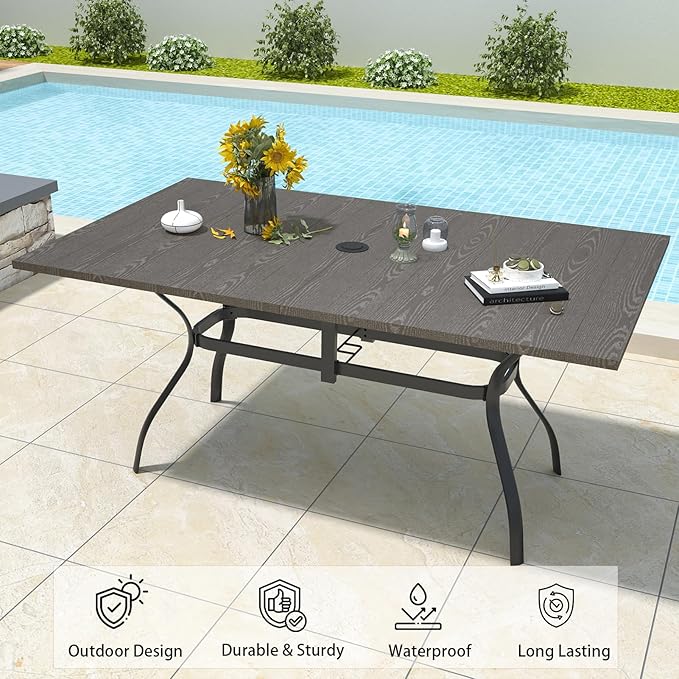 Outdoor Rectangle Dining Table 6-Person with 1.57" Umbrella Hole Metal Steel Backyard Bistro Table for Garden, Poolside, Backyard, Brown