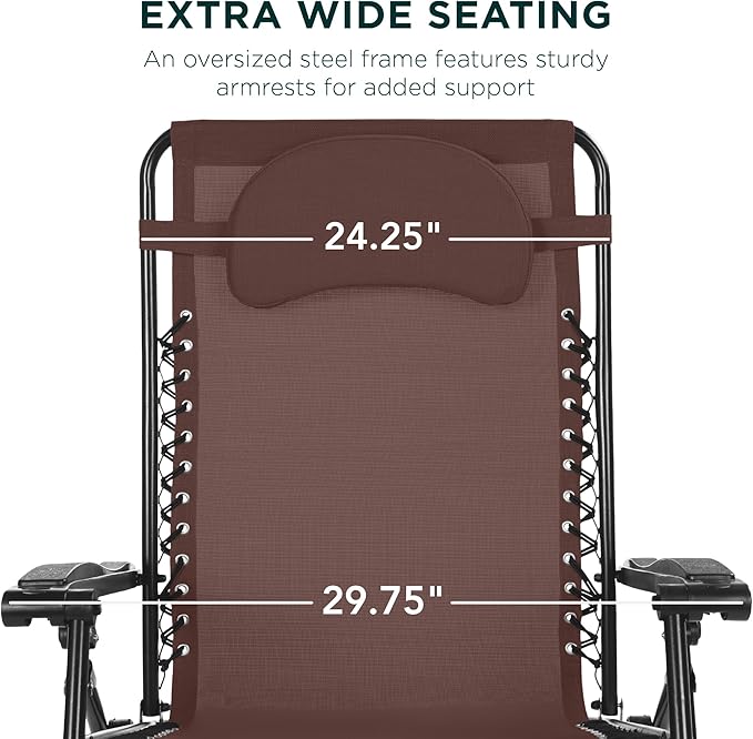 Best Choice Products Oversized Zero Gravity Chair, Folding Outdoor Patio Lounge Recliner w/Cup Holder Accessory Tray, Pillow - Brown