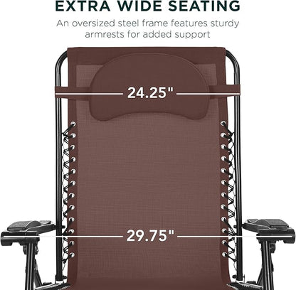 Best Choice Products Oversized Zero Gravity Chair, Folding Outdoor Patio Lounge Recliner w/Cup Holder Accessory Tray, Pillow - Brown