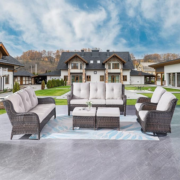 Rilyson Wicker Patio Furniture Set - 6 Piece Rattan Outdoor Sectional Conversation Sets with 2 Rocking Swivel Chairs - Photo 1