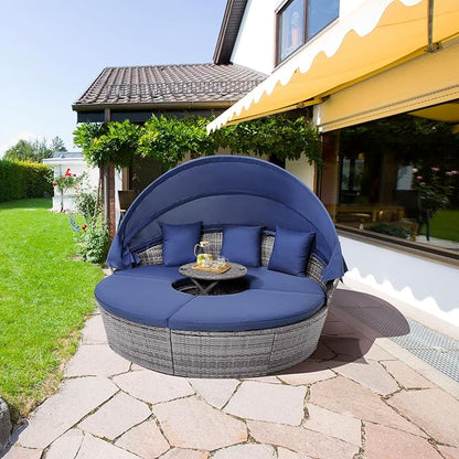 HAPPYGRILL Rattan Daybed with Canopy, Outdoor Wicker Round Daybed Patio Sectional Seating with Cushions & Adjustable Side Table, Patio Furniture for Backyard Porch Poolside