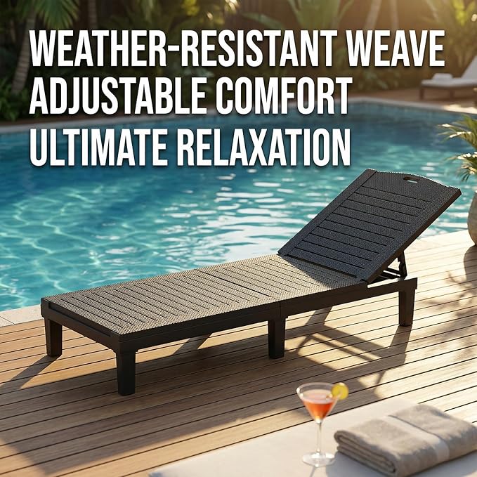 2PCS Outdoor Lounge Chairs 5 Position Adjustable, Pool Chairs, Sun Lounger, Patio Chaise Lounges PP Black, 74.06x11.02x34.65in