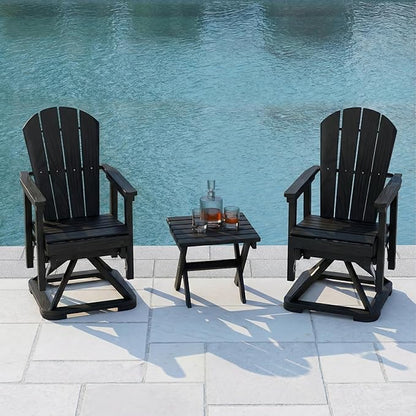 HDPE Swivel Glider Chair Set of 2 with Folding Side Table, Wooden Textured Adirondack Outdoor Swivel Chairs for Porch, Balcony, Poolside, Backyard (Black)