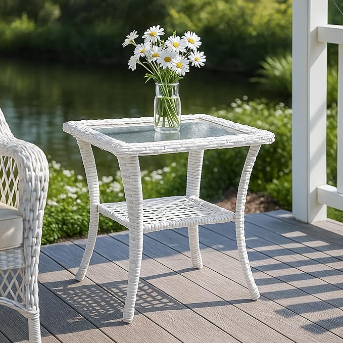 MEETWARM Wicker Outdoor Side Table, All-Weather Patio Rattan Side Table with Tempered Glass Top and Storage Shelf - Photo 8