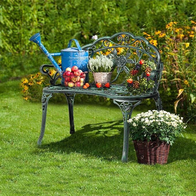 Outvita Outdoor Bench, 38"" Cast Aluminum Garden Bench Anti-Rust Weather Resistant Patio Bench Rose Pattern Bench for - Photo 10