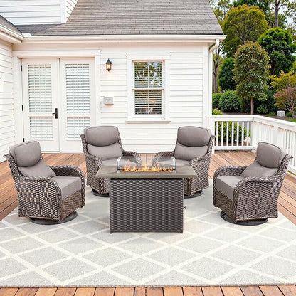 Luxury High Back Patio Furniture Set Fire Pit Table with 6-Inch Thick Cushions, 5-Pieces Outdoor Furniture w/ 4 Swivel Chairs, Wicker Conversation Set for Porch, Balcony, Deck and Yard, Brown/Grey
