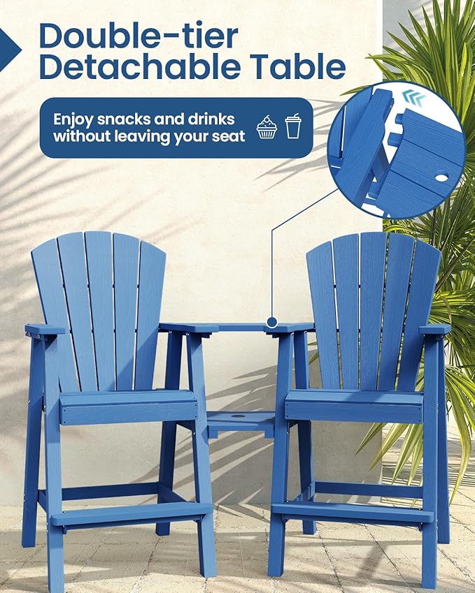 Ciokea Tall Adirondack Chairs Set of 2, HDPE Outdoor Adirondack Bar Stools with Double Connecting Tray, Weather Resistant High Back Adirondack Balcony Chairs for Deck, Lawn, Pool, Backyard, Navy Blue