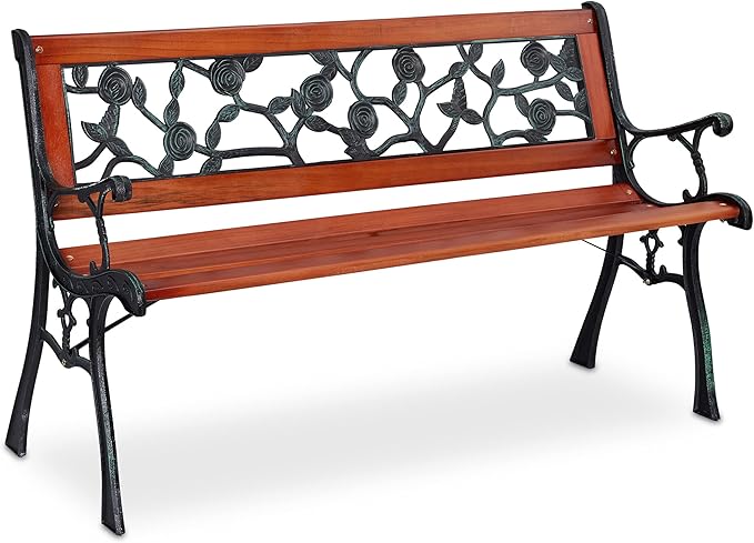 Relaxdays Garden Bench, Rose Pattern, 2 Seater, Wood & Cast Iron, Balcony & Patio, Bench, 73 x 125 x 52.5 cm - Photo 1