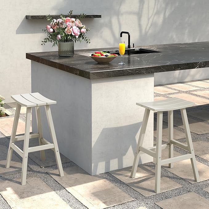Costaelm All-Weather Bar Stools Set of 2, 24" Height Outdoor Bar Stools, Adirondack Poly Patio Bar Stool for Patio, Deck, Kitchen Counter and Garden, Sand