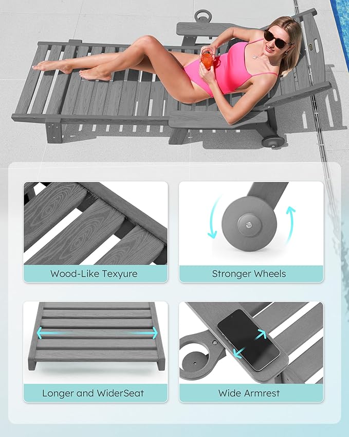 Chaise Lounge Chair Outdoor with Wheels, Oversize Patio Lounge Chairs with Wood Texture, 5-Position Plastic Lounge Chairs Set of 2-Grey(Separate Delivery)
