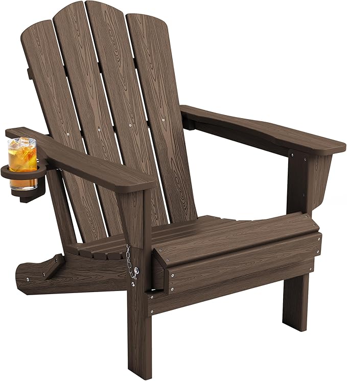 KINGYES Folding Adirondack Chair, HDPE All-Weather Patio Chairs with Cup Holder, Wooden Textured Fire Pit Chairs for Poolside, Backyard, Deck, Coffee