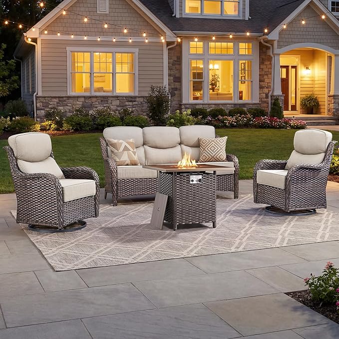 Luxury Patio Furniture Set with 6-inch Thick Cushion, Outdoor Furniture with Fire Pit Table, Swivel Chairs, Sofa - Photo 1
