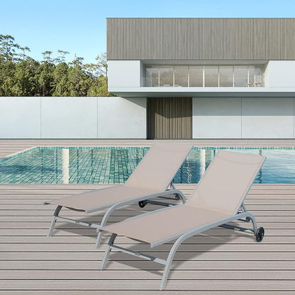 Domi Chaise Lounge Outdoor Set of 2, Lounge Chairs for Outside with Wheals, Outdoor Chaise Lounge with 5 Adjustable Position, Pool Lounge Chairs for Patio, Beach, Yard, Deck, Poolside, Khaki