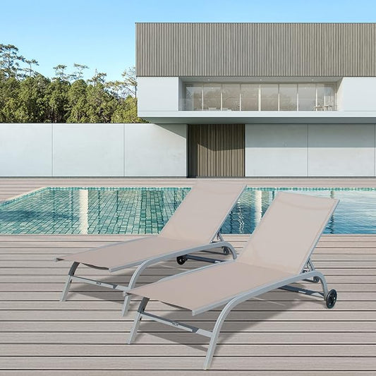Domi Chaise Lounge Outdoor Set of 2, Lounge Chairs for Outside with Wheals, Outdoor Chaise Lounge with 5 Adjustable Position, Pool Lounge Chairs for Patio, Beach, Yard, Deck, Poolside, Khaki