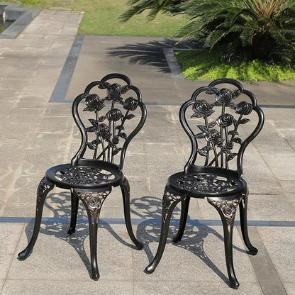 KAILI Rose Garden Cast Aluminum Bistro Chairs, Decorative Outdoor Patio Seating, Set of 2, White and Black (Rose Chair Bronze)