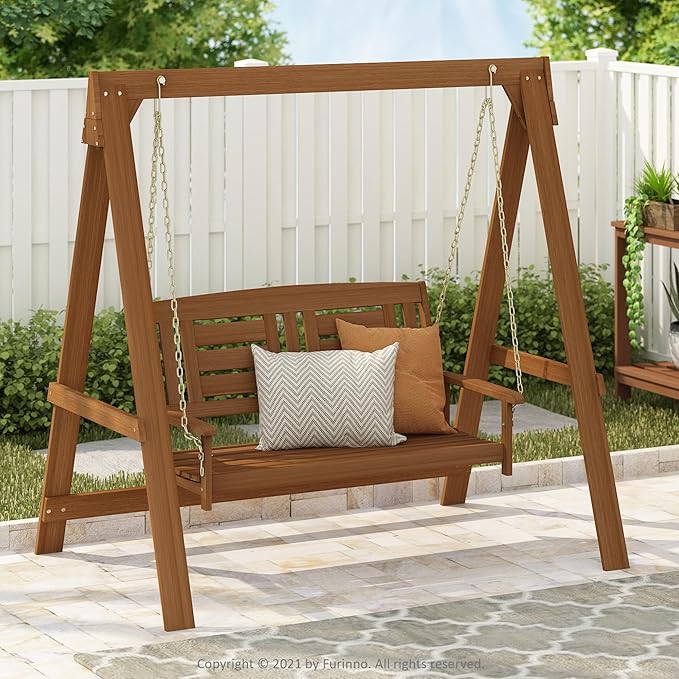 Furinno TIOMAN Porch Swing, Outdoor Hanging Wooden Swing with Stand in Teak Oil, Light Wood - Photo 4