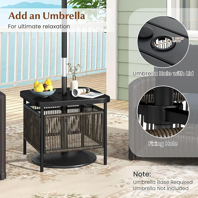 HAPPYGRILL Outdoor Side Table with Umbrella Hole 1.57”, Square Rattan Wicker Coffee Bistro End Table Umbrella Stand, for Backyard Poolside Garden (2)