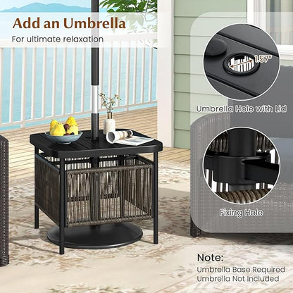 HAPPYGRILL Outdoor Side Table with Umbrella Hole 1.57”, Square Rattan Wicker Coffee Bistro End Table Umbrella Stand, for Backyard Poolside Garden (2)
