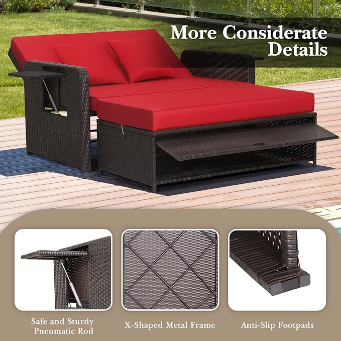 COSTWAY Patio Rattan Daybed with Cushions, Outdoor Wicker Loveseat Sofa with Storage Ottoman - Photo 6