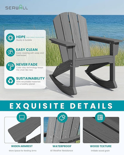 SERWALL Outdoor Adirondack Rocking Chairs Set of 4, All-Weather HDPE Adirondack Rocker Chair, Front Porch Rocker Chairs for Patio Lawn Porch Deck, Grey