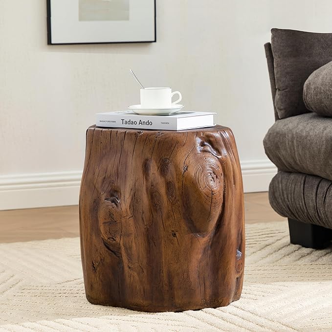 Christopher Knight Home Pawn 17" H MGO Outdoor Side Table with Tree-Stump Design, Patio Decorative Wood-Like Texture End Table, Round Top Lightweight Concrete Garden Stool, No Assembly, Dark Brown