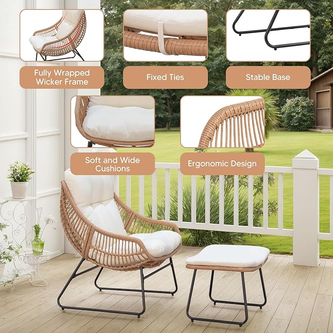 PROHIKER Outdoor Chaise Lounge Chair Set, Indoor Wicker Papasan Egg Chair with Thick Cushion, Ottoman and Table, Oversized Rattan Reading Lounge Recliner for Living Room Patio Yard, Beige