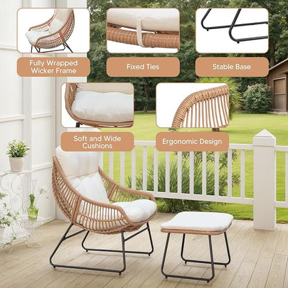 PROHIKER Outdoor Chaise Lounge Chair Set, Indoor Wicker Papasan Egg Chair with Thick Cushion, Ottoman and Table, Oversized Rattan Reading Lounge Recliner for Living Room Patio Yard, Beige