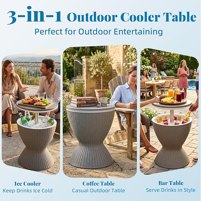 EFU Cooler Table, 8 Gallon Cooler Bar Table, Adjustable Height Multi-Functional Outdoor Cool Bar for Drinks Beer & Wine, with Drain Plug, Patio Furniture for Backyard, Pool, BBQ & Party (Light Brown)