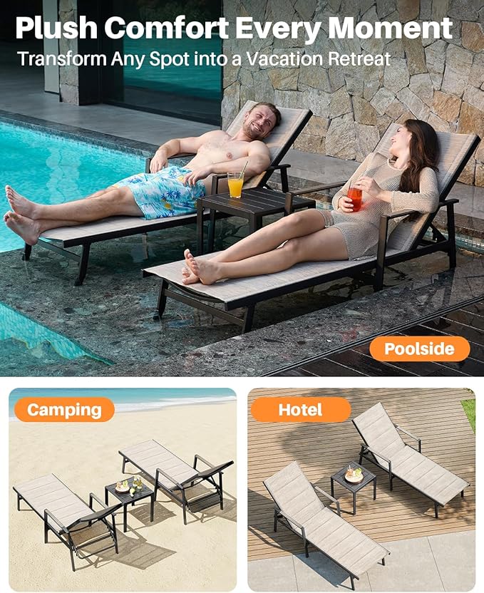 3-Piece Outdoor Chaise Lounge Set, Never-Rust Aluminum Patio Lounge Chairs with Side Table, Double-Layer Textilene Pool Lounge Chairs, Adjustable Backrest Sunbathing Loungers for Beach, Garden