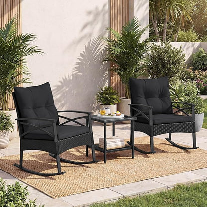 Tangkula 3 Pieces Outdoor Rocking Chairs Set, Rattan Heavy Duty Cushioned Rocker Chairs with 2-Tier Tempered Glass Coffee Table, for Garden, Balcony, Backyard (Black+Gray)