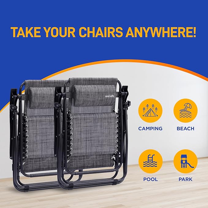 SereneLife Zero Gravity Lounge Chairs Set of 2, Adjustable Outdoor Recliner Chairs with Lockable Positions, Side Table Cup Holders, Padded Headrest Pillows, Foldable Steel Frame Patio Chairs (Gray)