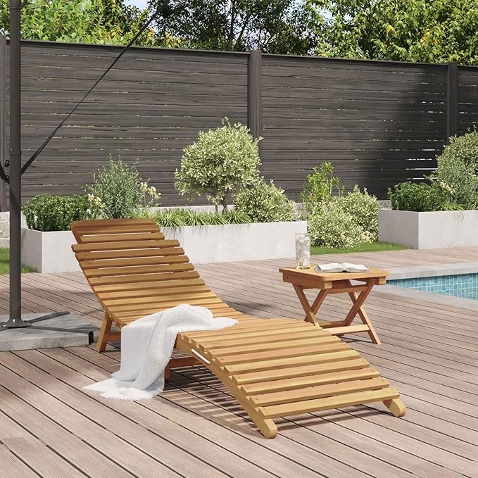 Solid Teak Wood Sun Lounger, Brown Outdoor Chaise Lounge Foldable for Patio Garden Poolside, 77.95 x 21.65 x 23.03 in Modern Teak Sunbed with 242 lb Capacity